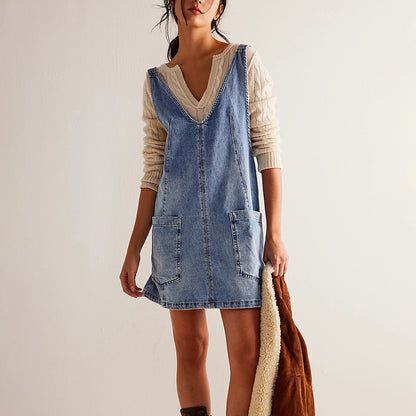 Summer New Women's Dresses Casual Denim Strap Pocket Mini Skirts Vintage Elegant A-Line Denim Backless Sleeveless Dress