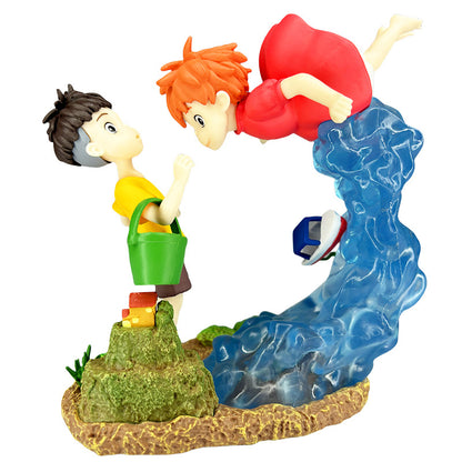 The scene of the encounter between Goldfish Hime, Mermaid Princess Ponyo, and Sosuke on the cliff is a static figurine model ornament