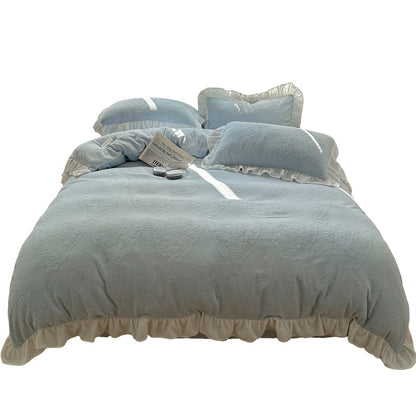 A-class ins princess style milk velvet four piece set lace carved velvet warm duvet cover winter bedding