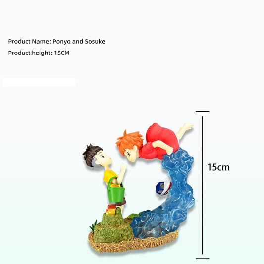 The scene of the encounter between Goldfish Hime, Mermaid Princess Ponyo, and Sosuke on the cliff is a static figurine model ornament