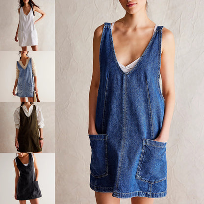 Summer New Women's Dresses Casual Denim Strap Pocket Mini Skirts Vintage Elegant A-Line Denim Backless Sleeveless Dress